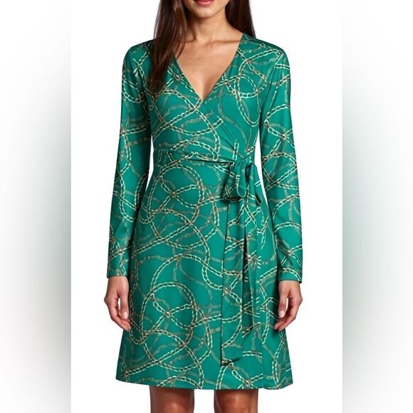 C. Wonder Chain Print Ultra Marine Green Long Sleeve Self Tie Wrap Dress Size S - Picture 1 of 7